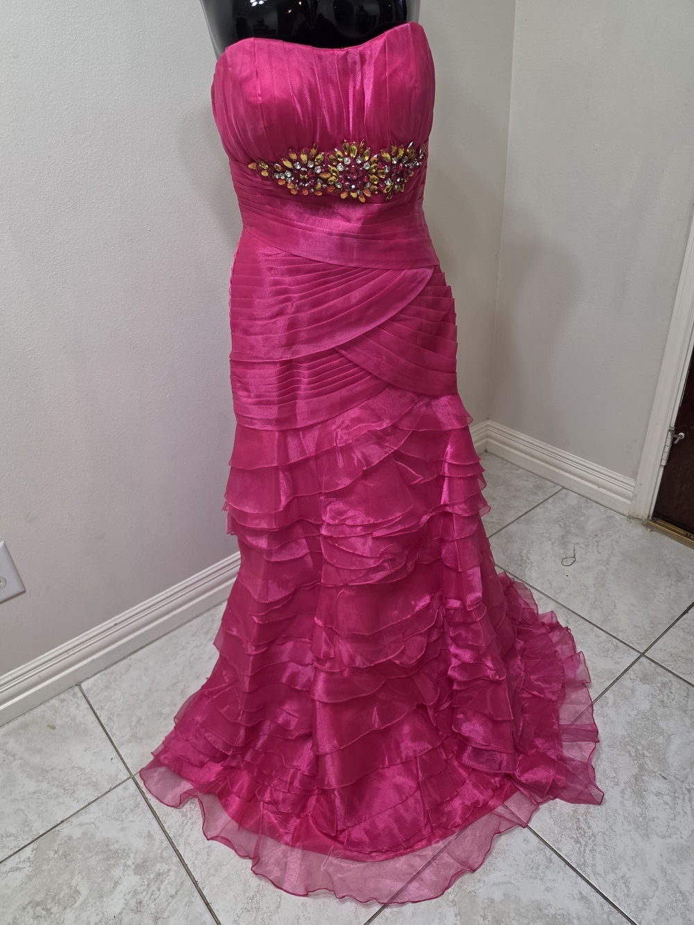 MAY QUEEN COUTURE USA-Strapless Hot Pink Evening Gown with Embellished Waist.